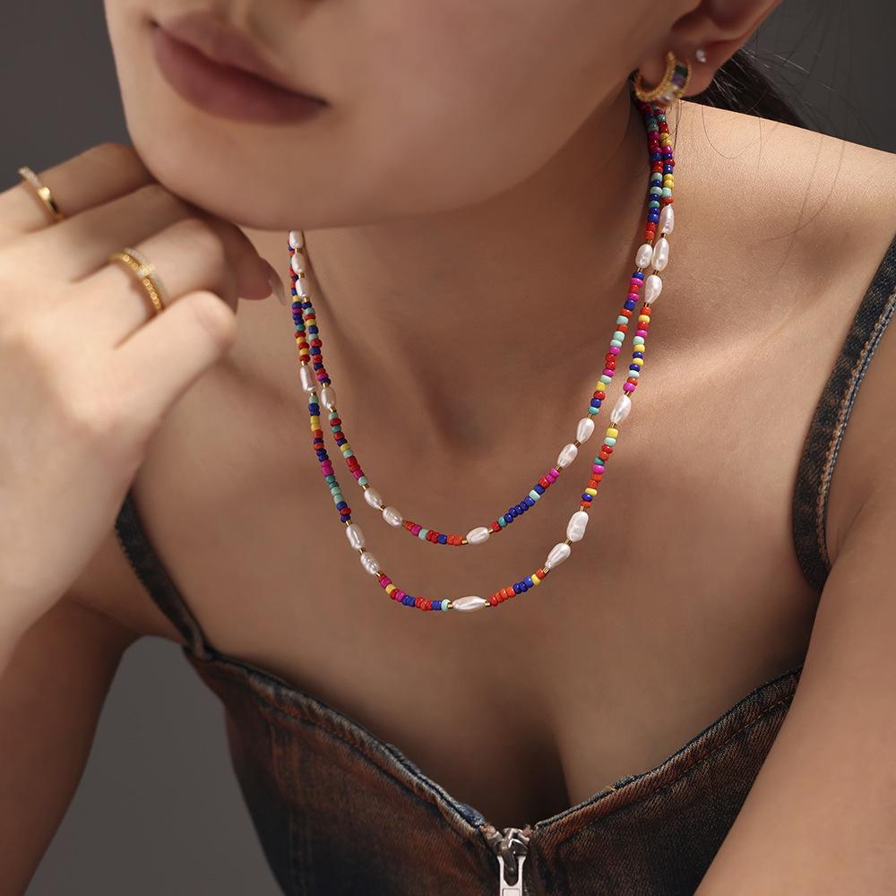 Bohemian Multi-Color Beaded Necklace with Glass Stones and Freshwater Pearls for Women