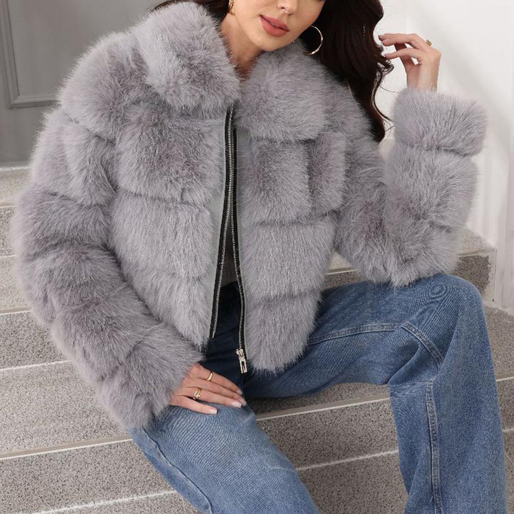 Women's Fashionable Warm Long Sleeve  Solid Color Furry Collar Coat