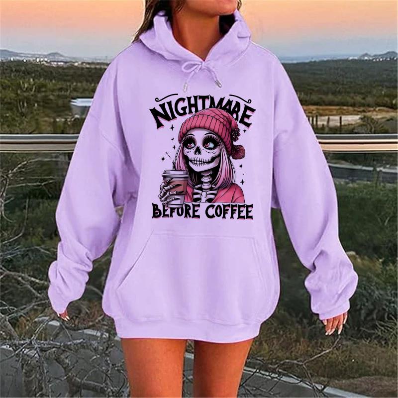 Slogan Nightmare Before Coffe Graphic Sweatshirt Unisex Fall Winter Hoody Y2k Clothing Women's Skeleton Halloween Pocket Hoodies