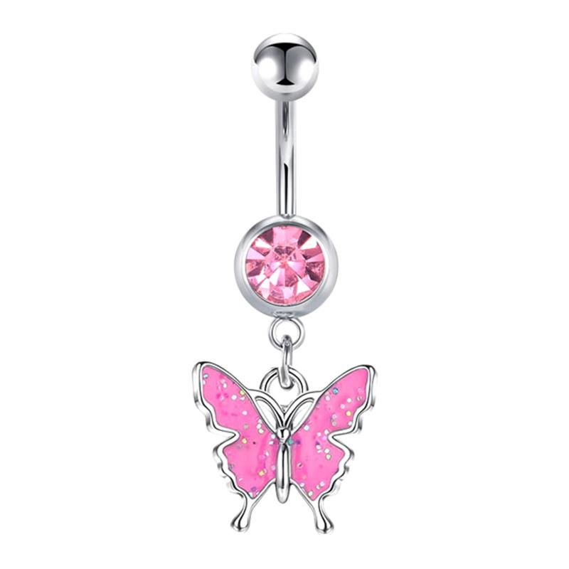 Stainless Steel Pink Dot Drill Navel Ring Nail Butterfly Zircon Simple Navel Buckle Piercing Ornament