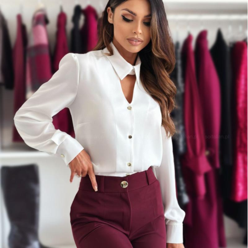 Móda Nová Jednobarevná jednořadá košile s dlouhým rukávem Ženy Podzimní elegance Dutá Ležérní Bílá halenka Ženy Elegantní Vintage Office Dámské košile Topy 25316