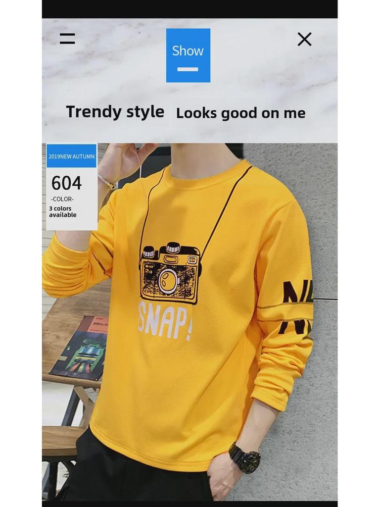 T-shirt Casual da Uomo Stile Coreano con Stampa, Manica Lunga, Vestibilità Slim, Autunno 2021