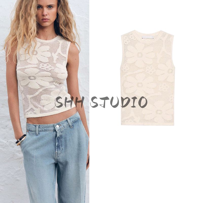 Spring and Summer New Women's Clothing Minimalist Flower Print Texture Round Neck Sleeveless Knitwear Tops 0234003