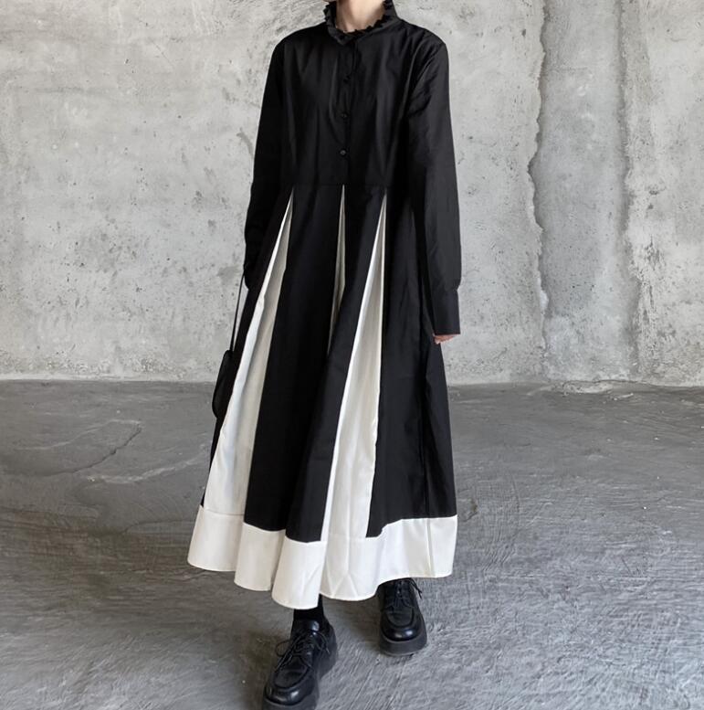 

Ретро японское лоскутное платье с воротником-стойкой и расклешенной юбкой - Черно-белое One Size