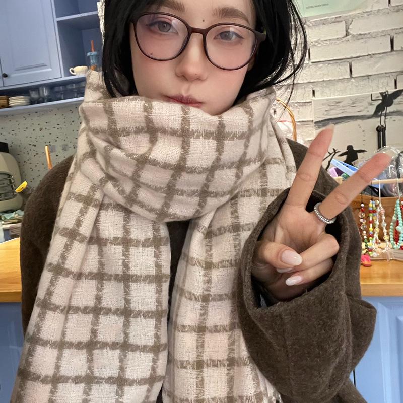 Women's Faux Cashmere Plaid Scarf - Korean Style, Thick & Warm Autumn/Winter Shawl