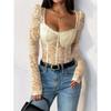 Women's Lace Sheer Long Sleeve Corset Bodysuit Sweetheart Neck Going Out Tops Party Club Leotard