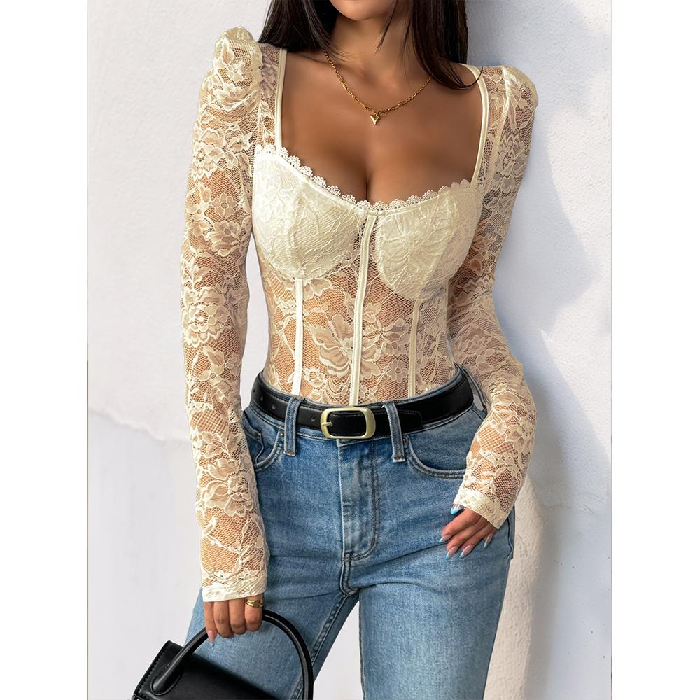Women's Lace Sheer Long Sleeve Corset Bodysuit Sweetheart Neck Going Out Tops Party Club Leotard