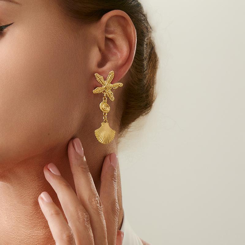 Ocean Series Flower Starfish Bow Shell C-Shaped Earrings Sets for Women Retro High-End Sweet Earrings Vacation Jewelry Accessory