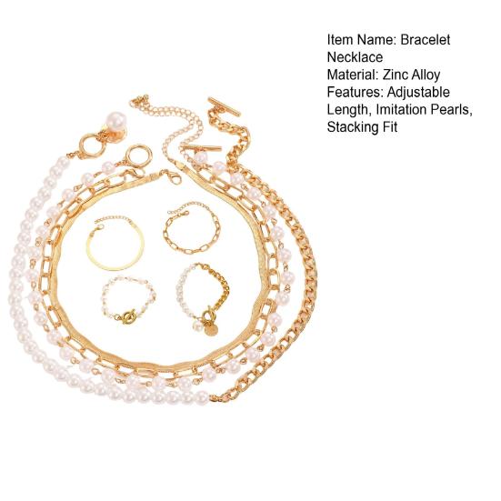 1 Ensemble Bracelet Collier Boucle OT Chaînes Cubaines Perles Imitation Collier à Longueur Réglable Bijoux à Superposer Cadeau