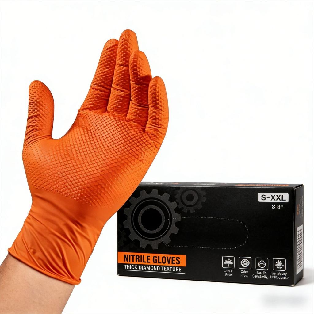 100-1pcs Heavy Duty Orange Nitrile Disposable Gloves with Diamond Textured Grip for Industrial and Mechanic Safety