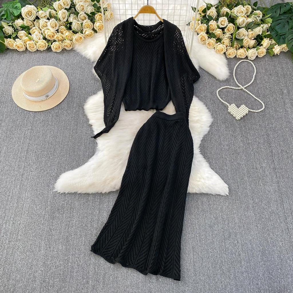 Summer Women Casual Perspective Knitted Sweater 3 Piece Set Sleeve Pullover Top Shawl and Long Midi Sheath Skirt Suit