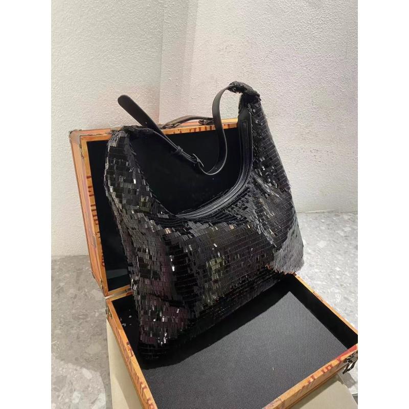 Sparkly Sequin Shoulder Bag Women Chic Streetwear Crossbody Handbag Medium Size Black