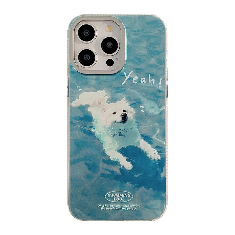 Cute Summer Swimming Puppy Apple 15 Mobile Phone Case Suitable for 14promax Water Ripple IPhone 16 Cartoon