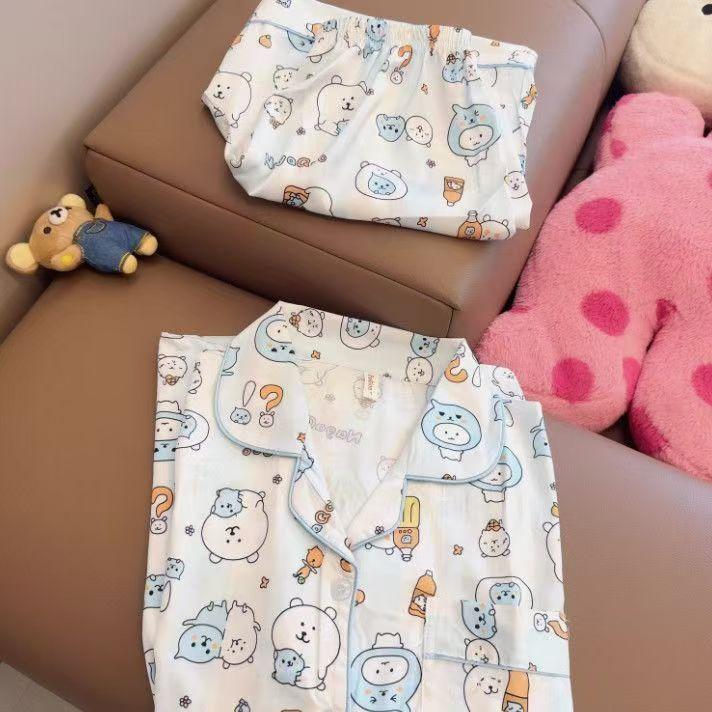 

Internet celebrity self-deprecating bear pajamas women s summer short-sleeved shorts cardigan set women s princess style milk cute loungewear S