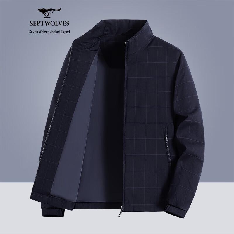 Septwolves Men's Classic Plaid Stand Collar Windproof Casual Jacket
