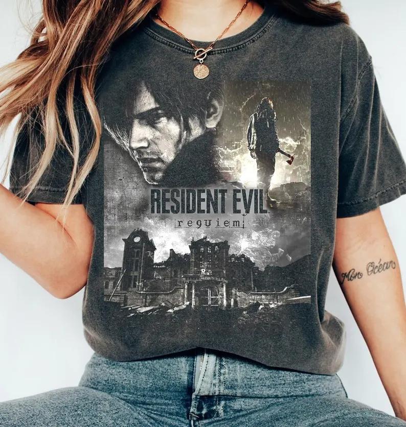 

Футболка Resident Evil Requiem Винтажная Потертая Футболка для Фанатов Леона Кеннеди Umbrella Corps Хоррор Игра Футболка Подарок для Женщин S