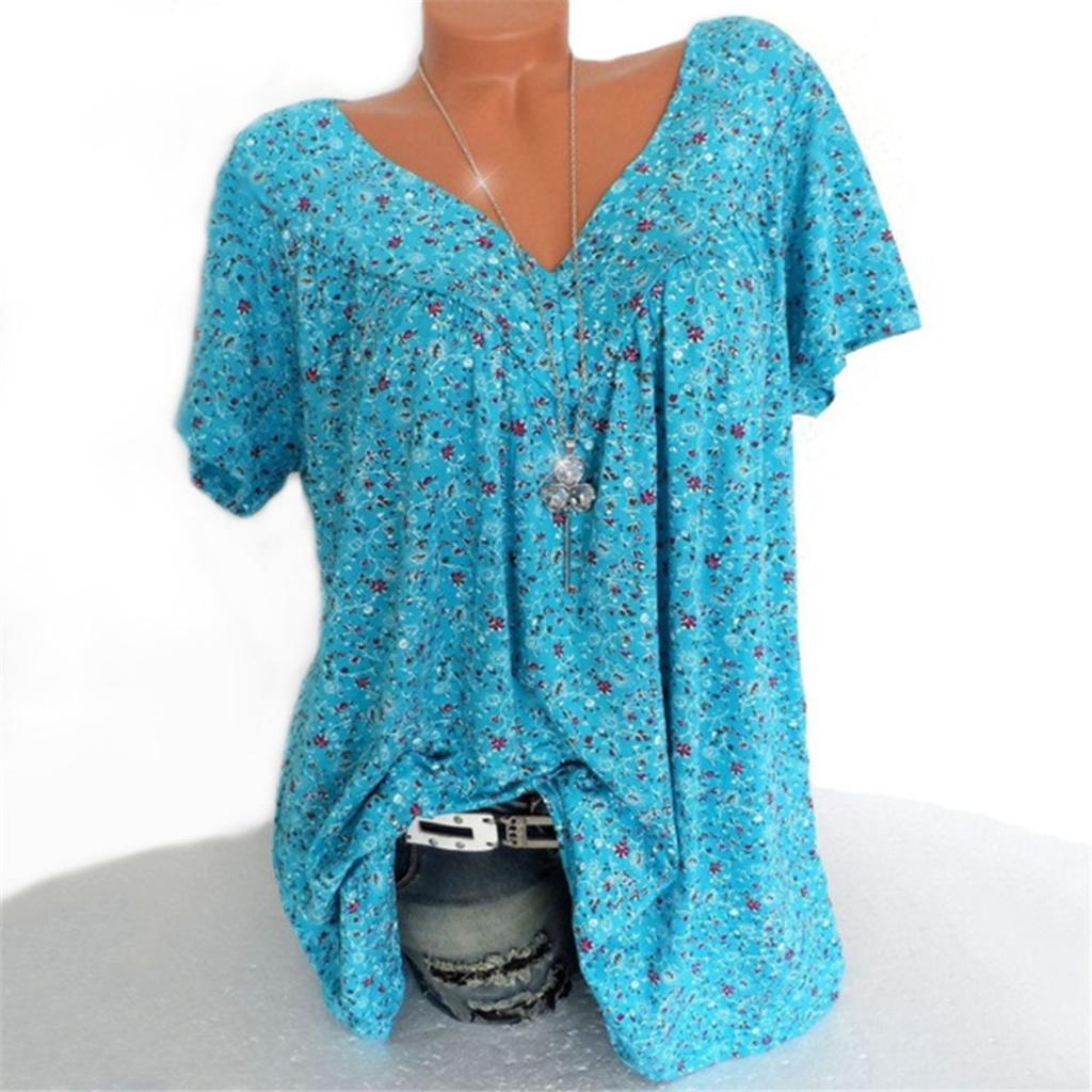 Large Size, Floral Top, V-neck, T-shirt, Loose Fit, Short Sleeved, Printed T-shirt