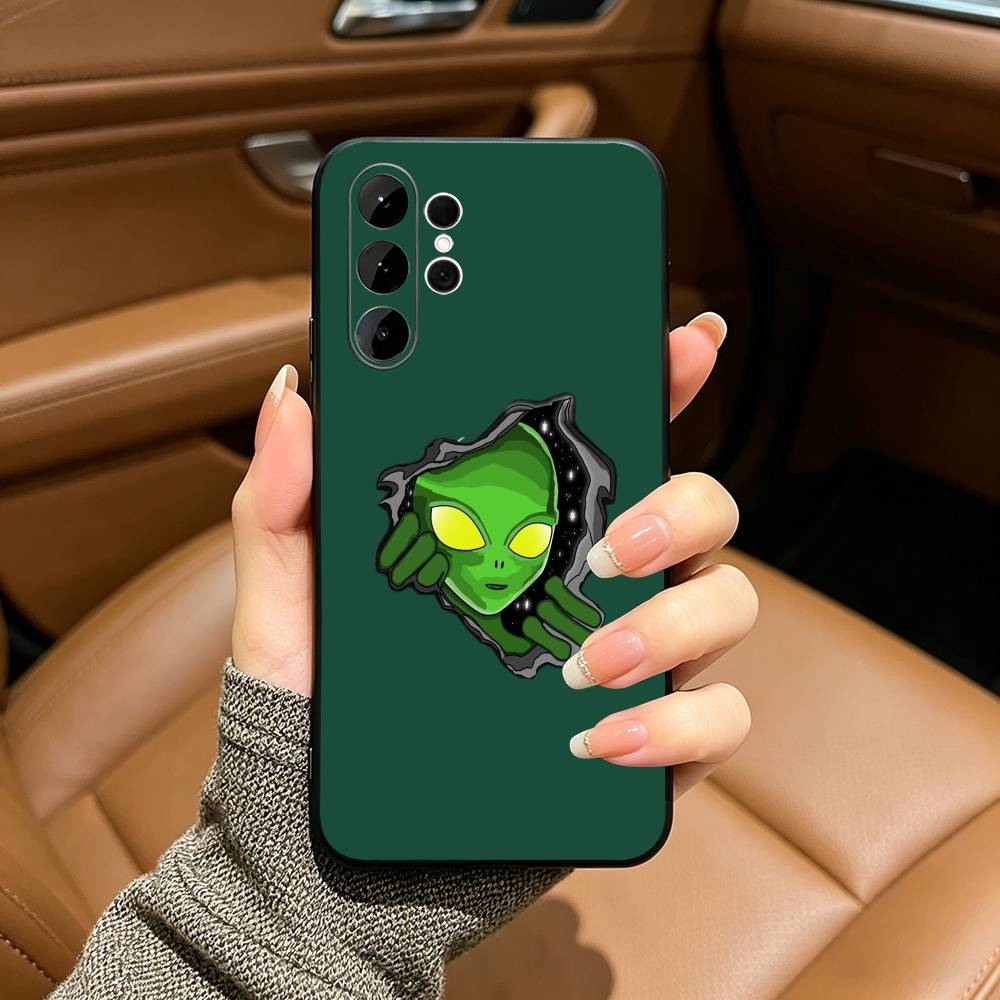 Cute Cartoon Alien Soft Silicone Case for Samsung S25, S24, S21, S22, S23, S30, Ultra, S20, Plus, FE, Lite-Black