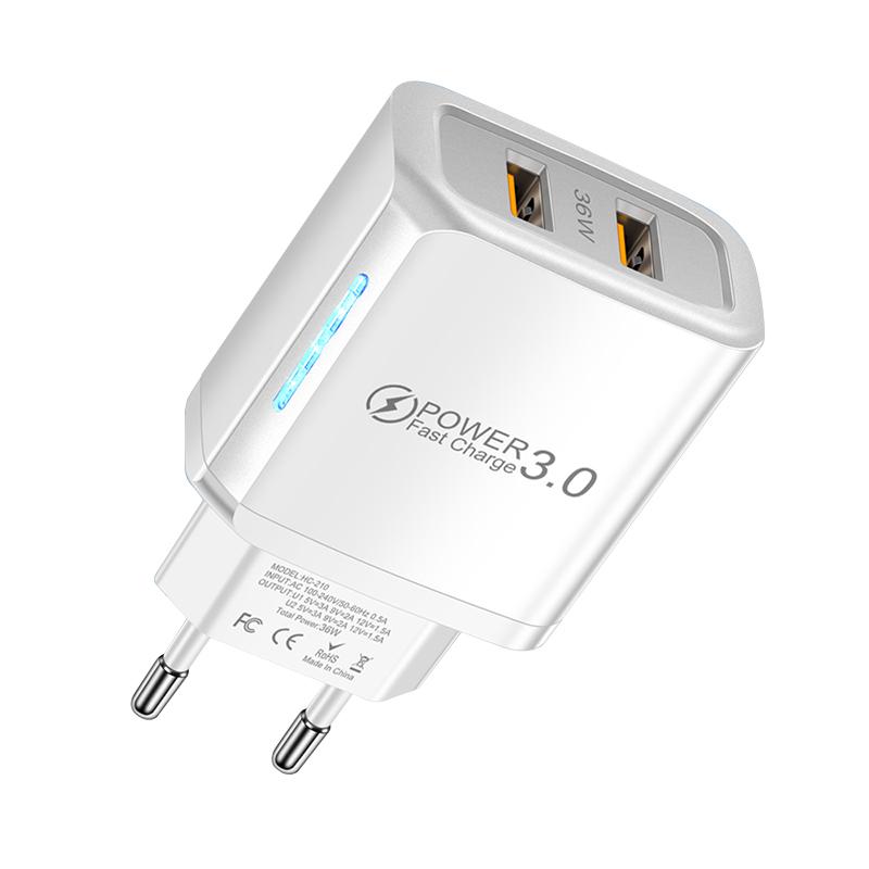Încărcător de perete USB dual 5V3A Iluminare LED Încărcare rapidă Conexiune UE SUA Adaptor de alimentare QC 3.0 pentru Iphone 11 12 13 Pro Max Samsung Xiaomi