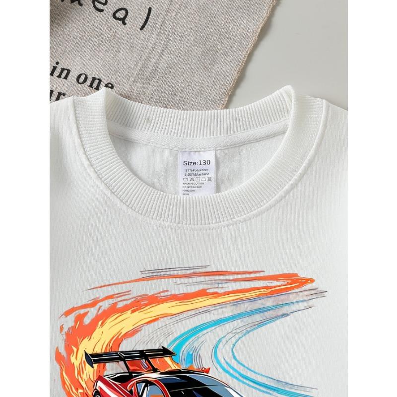European sizes Red Sports Car Flame Design Girls' Crew Neck Sweatshirt, Autumn Winter, Western Style, Long-Sleeved, Casual Colors for Young Girls.