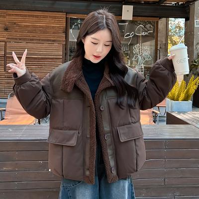 Damen Kurzmantel aus Lammwolle Winter Verdickte Jacke Locker Retro Stehkragen Oberteil