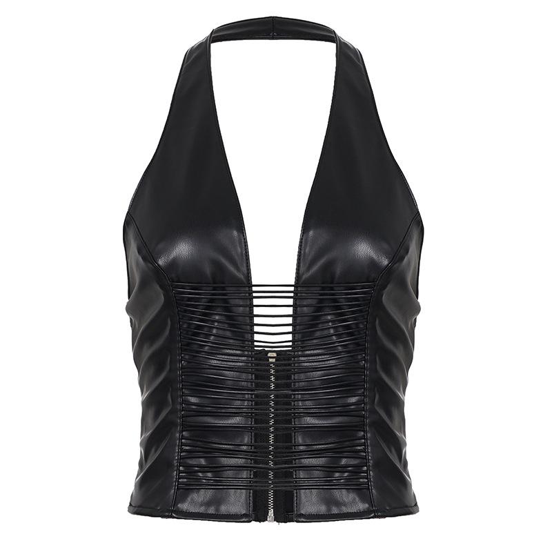 Spicy Street Style Bronze Rivet Backless Leather Halter Vest S
