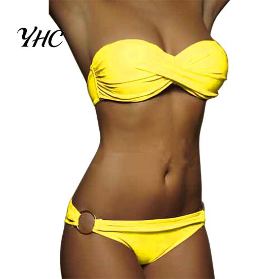 Traje de Baño 2 Piezas/Set Bikini de Verano Color Sólido Push Sin Tirantes Simple Traje de Baño para Mujer para la Playa