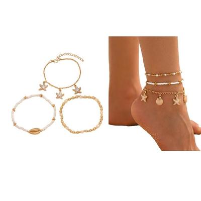 Women's Layer Shell Anklet Trio Glass Bead Starfish Cowrie Designs Beach Jewelry Footwear