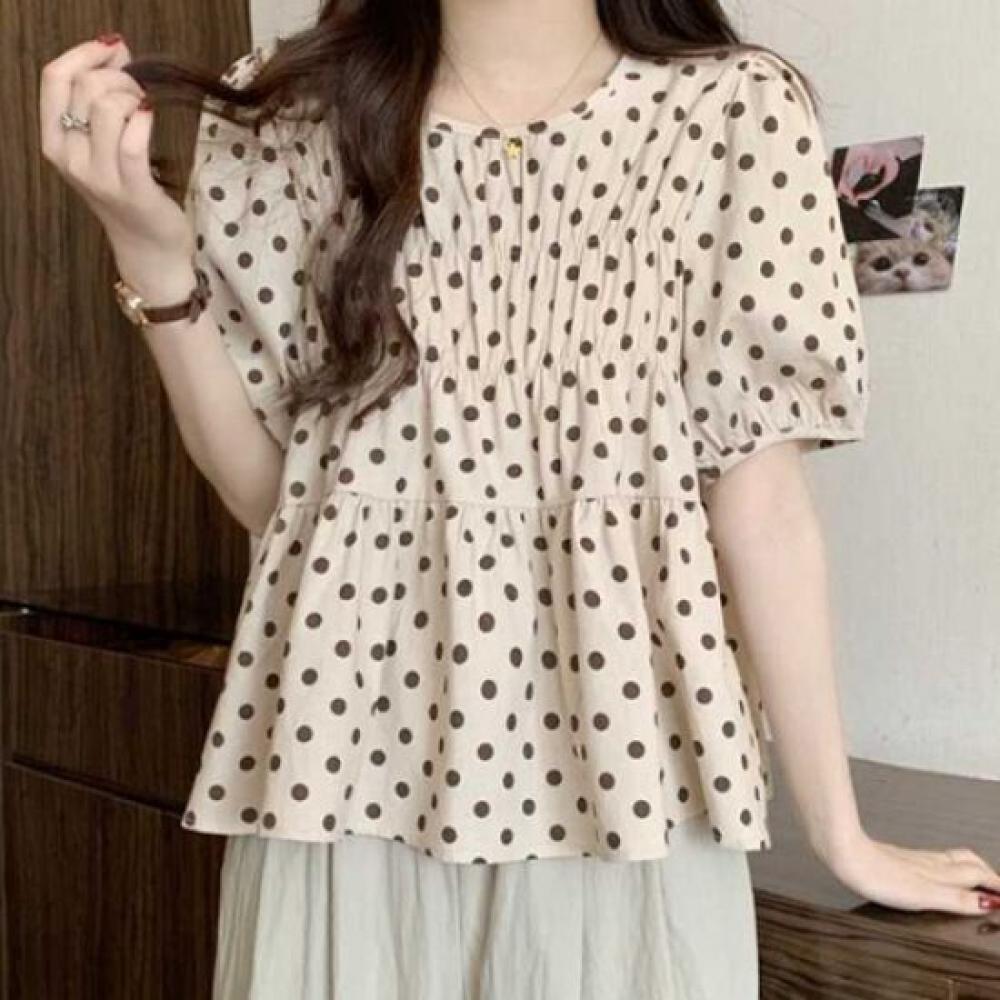 Navava Short Sleeve Blouse Romantic Dot Shirring Puff Nb2261