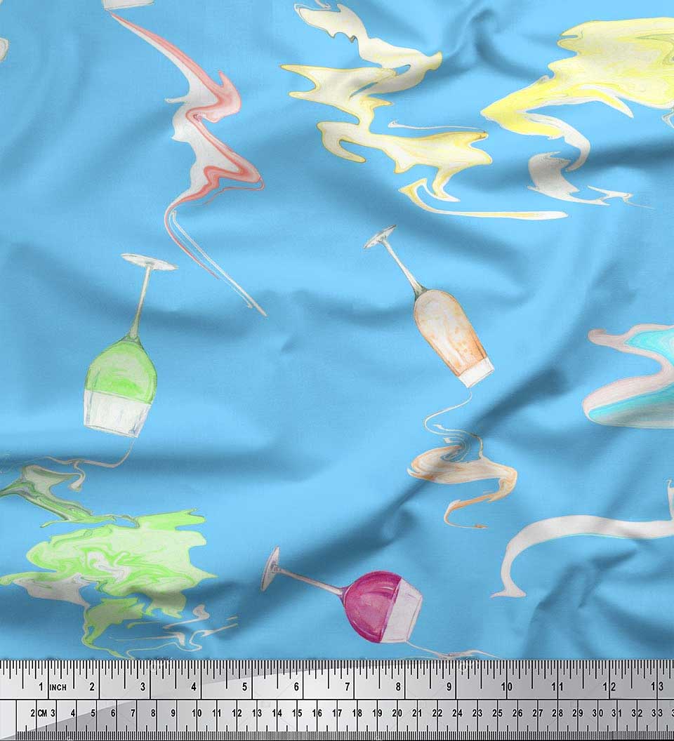 

Soimoi Japan Crepe Satin Brush Stroke & Wine Glass Bar Print Швейна тканина метр 42 дюйма 42 Inch Wide - Poly Crepe синій