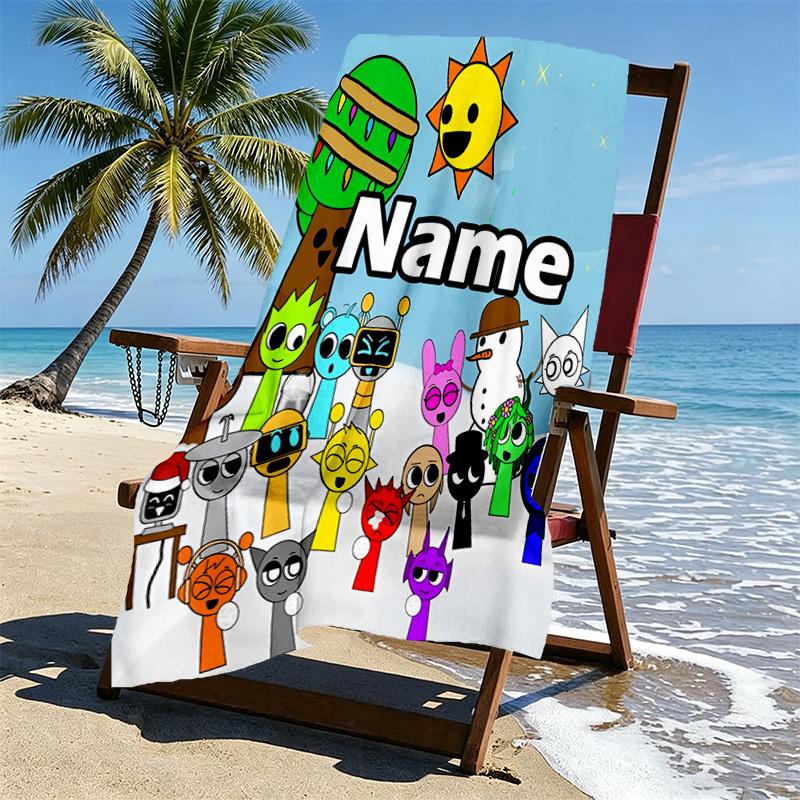 Custom Name Personalized Sprunki Game Print Beach Towel, for Trip Camping Beach Party Home Decor, Birthday Gift for Family & Friends