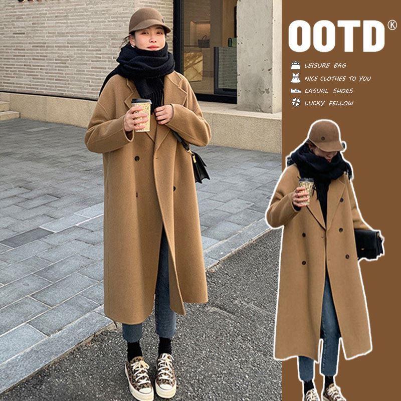 Women's Mid-Length Double-Breasted Wool Camel Coat - Autumn/Winter Korean Style Trend