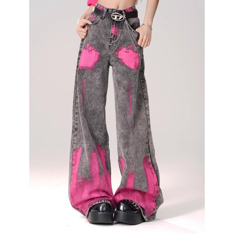 High Street Graffiti Printed Straight Jeans Women's High Waist Skinny Wide Leg Loose Drop Floor Pants