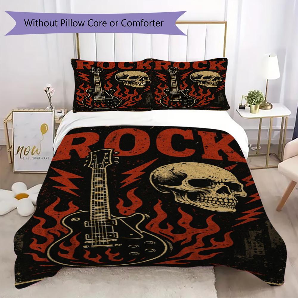 Conjunto de Roupa de Cama com Estampa de Guitarra Salpicada Preto e Branco, Conjunto de Capa de Edredom de Rock(1 capa de edredom + 2 fronhas, sem enchimento.)
