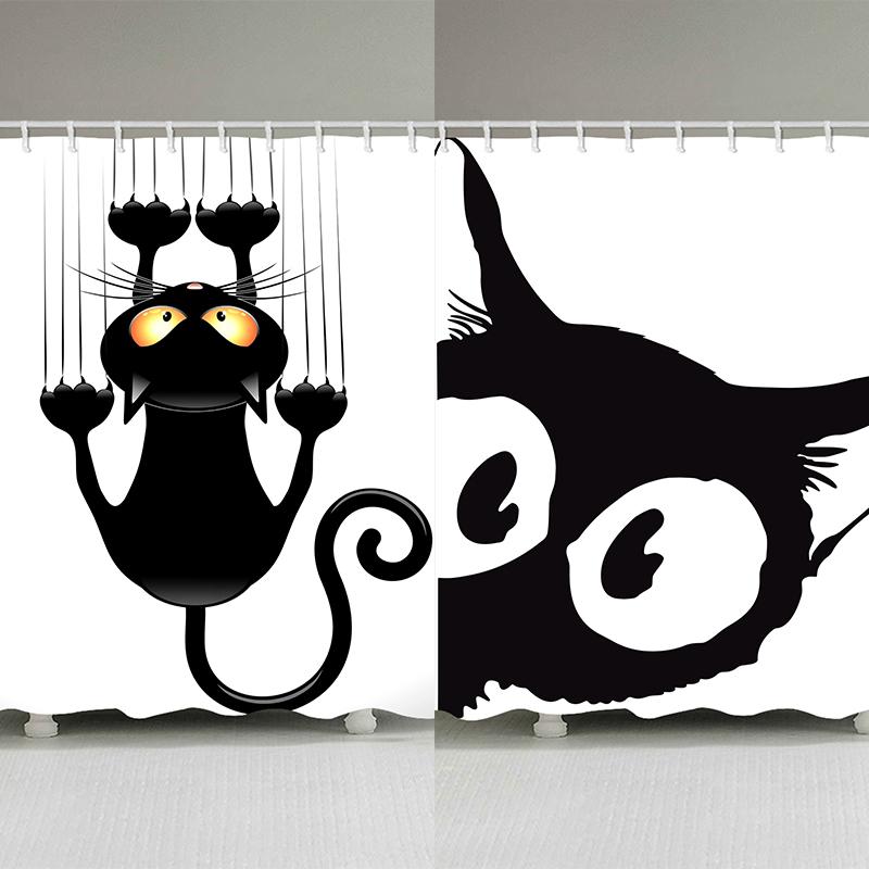 Cartoon Small Black Cat Bath Print Waterproof Bath Curtain