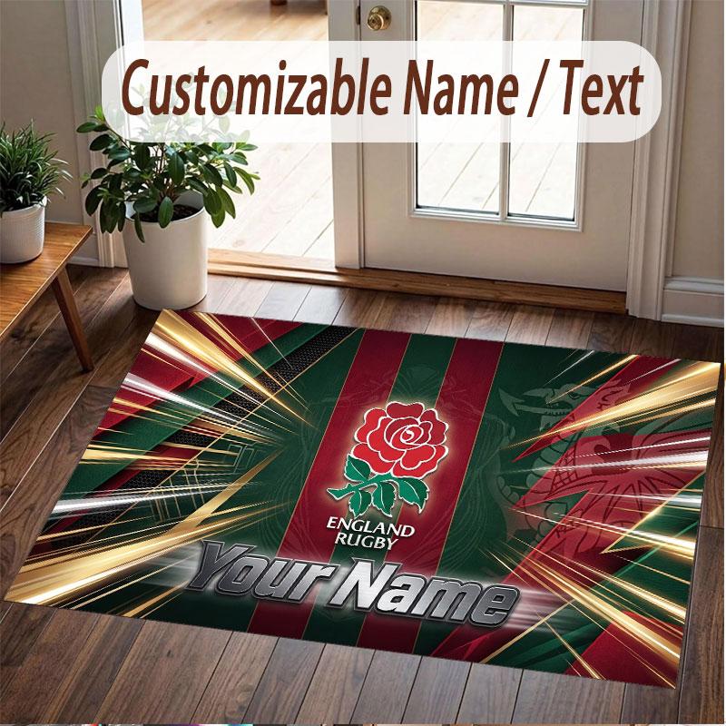 Custom Rug England Rugby Pattern Print Name Text Soft Non‑Slip Floor Carpet for Home Indoor Decoration