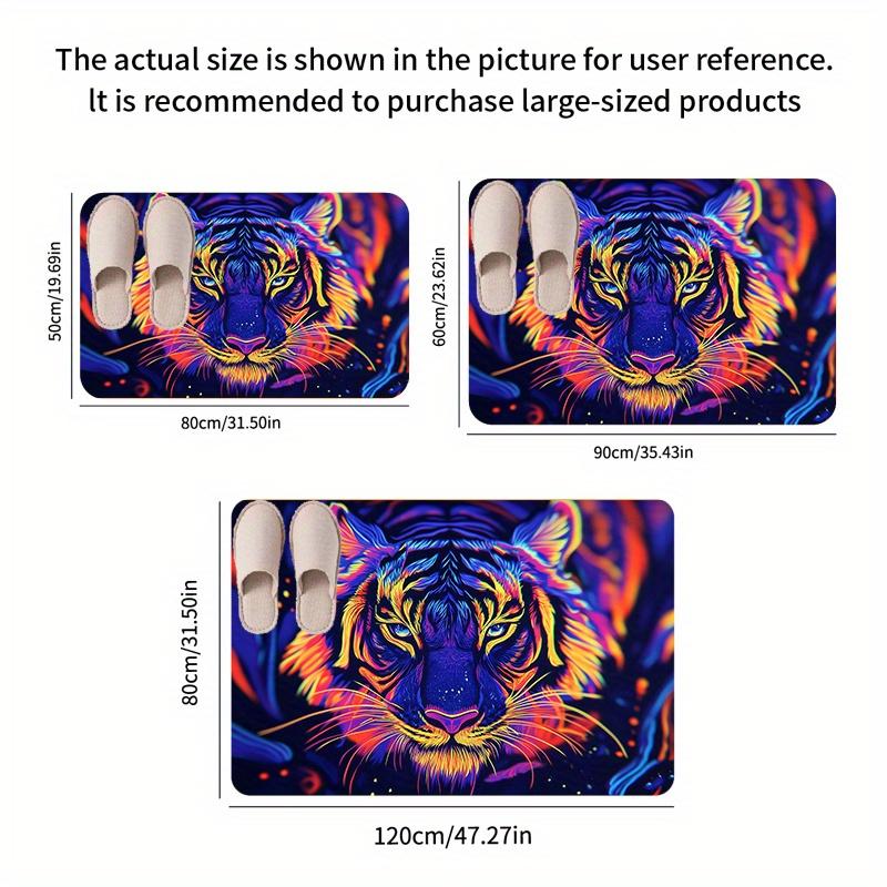 Flannel Thickness 0.47inch - 1pc Neon Tiger Pattern Door Mat, Colorful Neon Lines, Tiger Image, Modern Art Style Printed Non-Sli