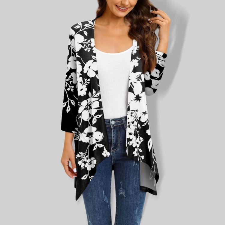 Women Cardigan Jacket With Pocket Three Quarter Sleeve Irregular Print