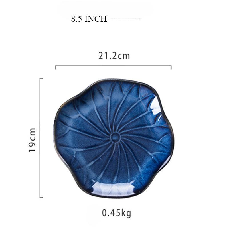 

8,5-дюймовая керамическая тарелка Raku с японским дизайном листьев лотоса, салатница, пригодная для использования в микроволновой печи, уникальная посуда ручной работы для домашней кухни синий