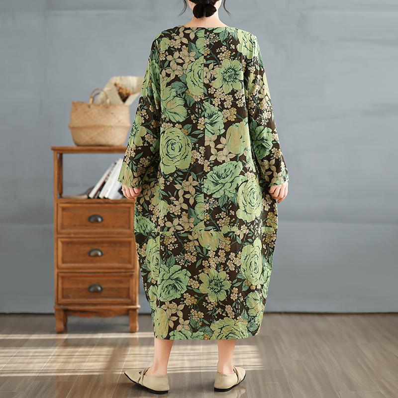 DIMANAF 2025 Women Plus Size Spring Long Dress Loose O-Neck Long Sleeve Basic Vintage Casual Maxi Floral Oversize