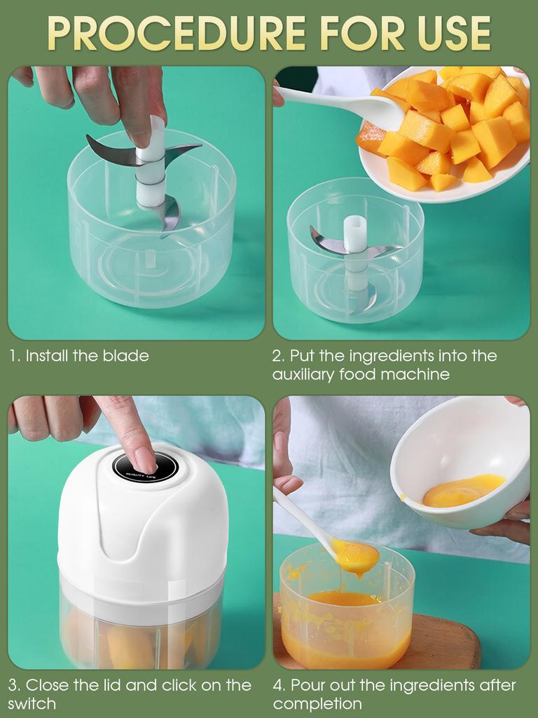 USB Charging Meat Grinder 1200mAh Electric Mini Garlic and Vegetable Chopper 250ml Three-Blade Head & 100ml Two-Blade Head