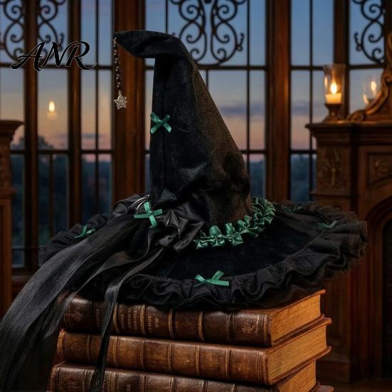 Spooky Festival Accessories Halloween Witch Hat for Women, Large Black Velvet Wizard with Party Favors Mesh Ruffle Brim Adults Costume, Cosplay