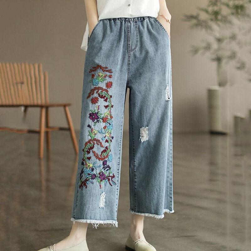 Vintage Style Embroidery Denim Pants Female Summer New Cropped Straight Leg Wide Leg Pants for Women High Waist Loose Tassels Jeans Women 2025