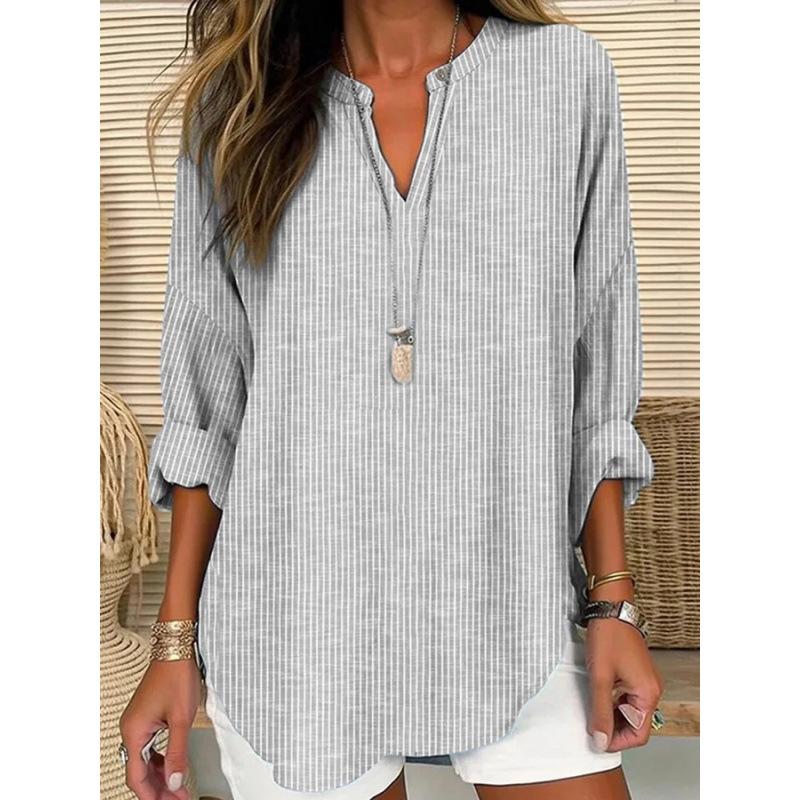 Women's Henley V Neck Long Sleeve Loose Solid Linen Blend Tunic Top Plus Size Casual Blouse