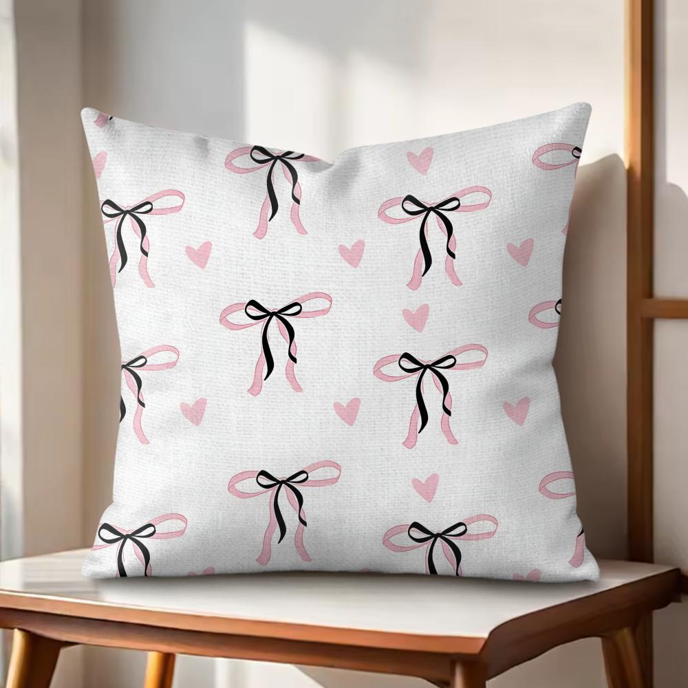 Pink Bow Cushion Cover Natural Linen Organic Fabric DoubleSided Printing Couch Pillow Covers Home Decor