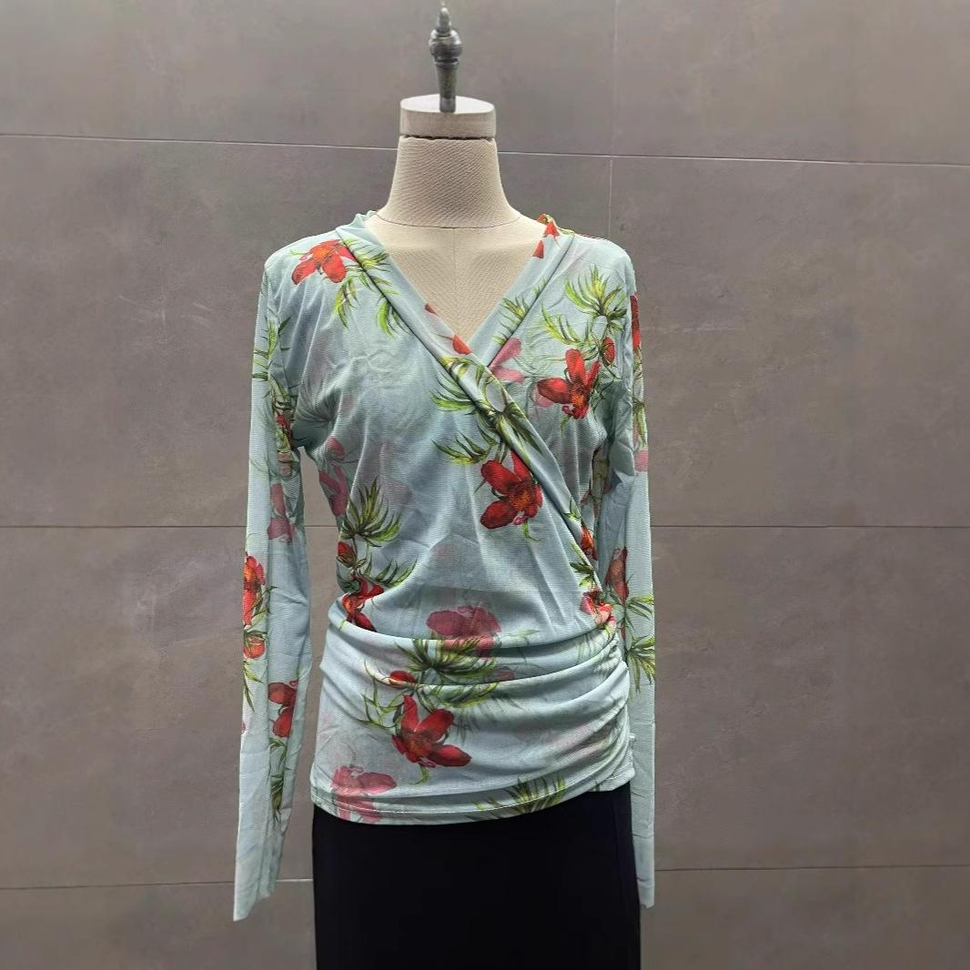 

Женский топ с неровным поясом на завязках, сетчатый, с V-образным вырезом, длинным рукавом - Приталенный осенне-зимний дизайн XXL (approx. 135 jin)