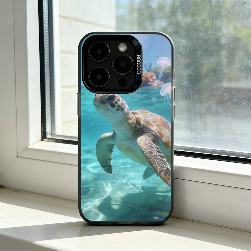 Cute Little T-Turtle Phone Case For iPhone 17,16,15,14,13,12,11 Plus,Pro Max,XS,Colored Silver Plated Inside Cover