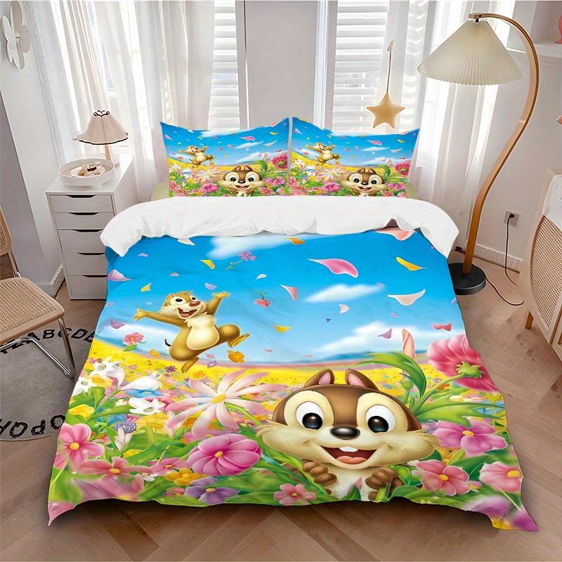 3pcs Chip & Dale Among the Flowers Quilt Cover Set - Soft and Cozy Bedroom, Guest Room and Dorm Decorative Bedding 3-Piece Set 1 Quilt Cover + 2