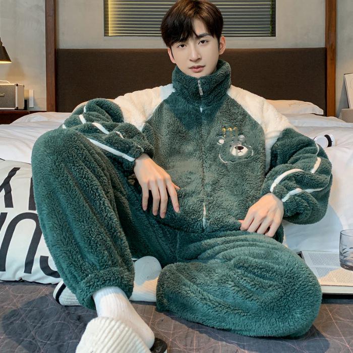 Men's Coral Fleece Zipper Pajama Set - Warm Plush Homewear for Autumn & Winter