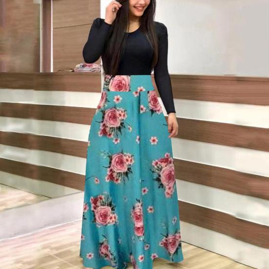 Damen Blumenmuster Patchwork Langarm Cocktailparty Großes Schwingendes Maxi-Kleid